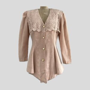 Vintage 1980s Karen Lucas Pastel Pink Lace Long Sleeve Peplum Blazer Jacket M